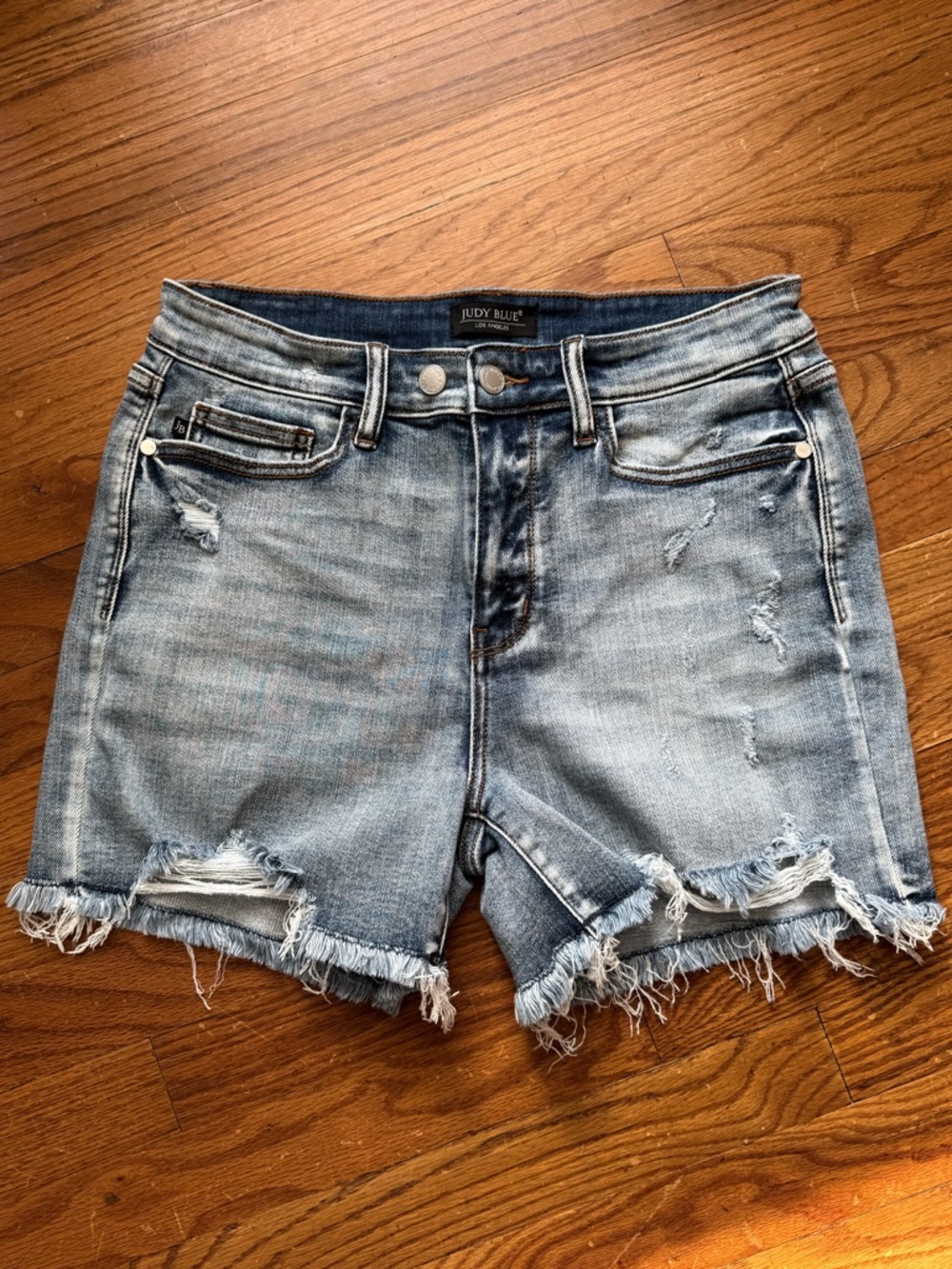Judy Blue Distressed Light Blue Frayed Hem Denim Shorts